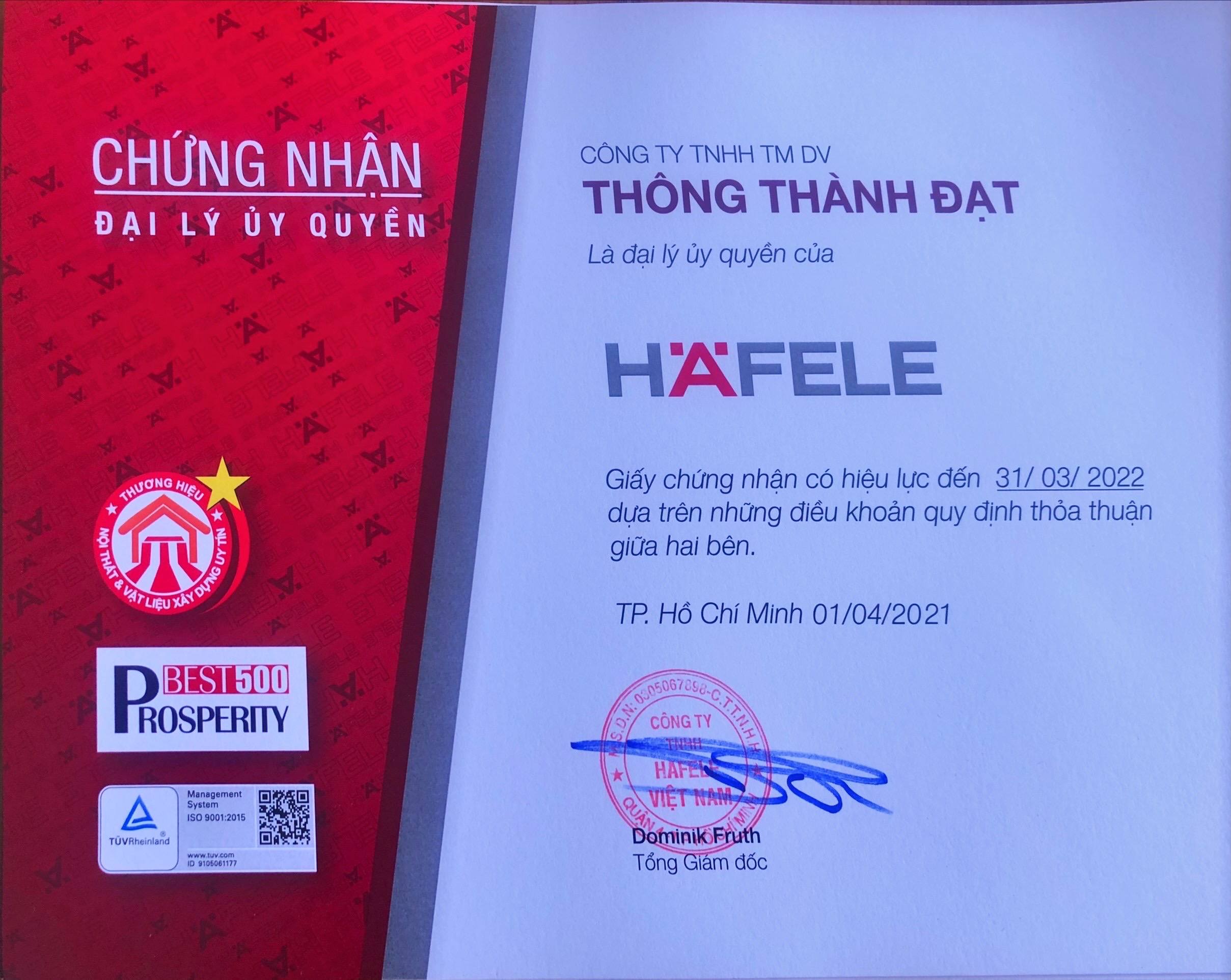 Chứng nhận đại lý Hafele 2021