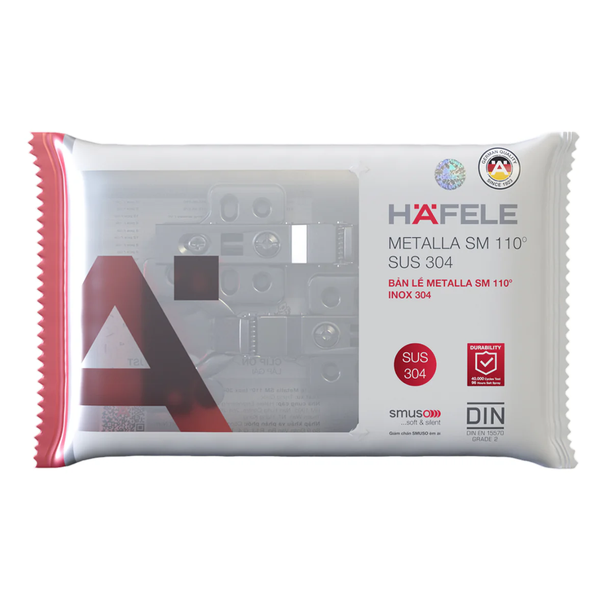 Bản lề Hafele DIY Inox 304 giảm chấn, thẳng, trùm ngoài - 315.07.113
