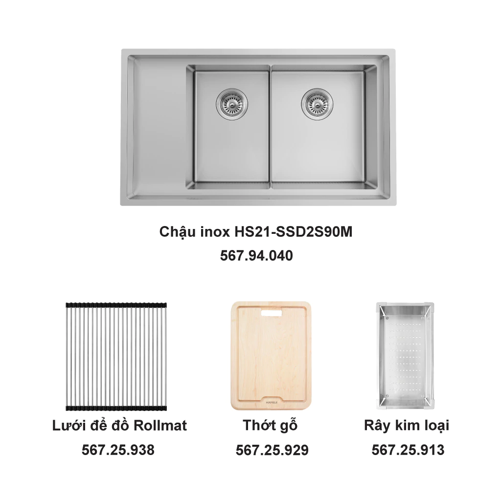 Trọn bộ chậu inox Hafele HS21-SSD2S90M và phụ kiện - 567.94.049