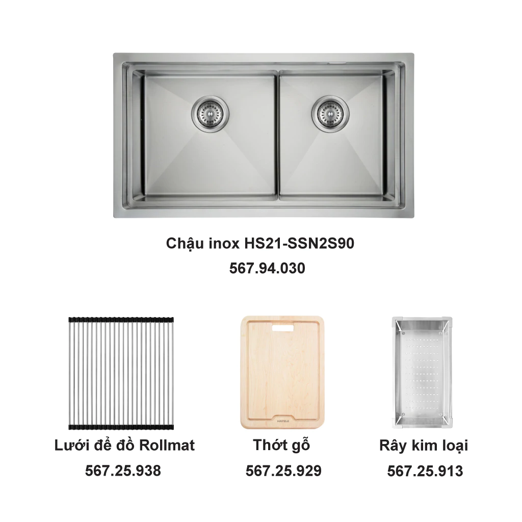 Trọn bộ chậu inox Hafele HS21-SSN2S90 và phụ kiện - 567.94.039