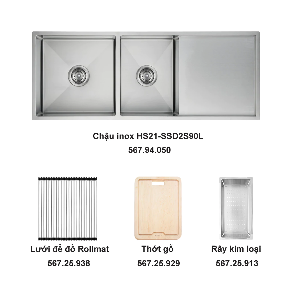 Trọn bộ chậu inox Hafele HS21-SSD2S90L và phụ kiện - 567.94.059