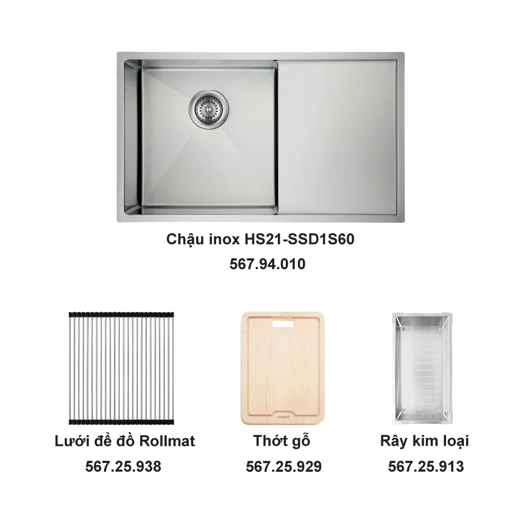 Trọn bộ chậu inox Hafele HS21-SSD1S60 và phụ kiện - 567.94.019